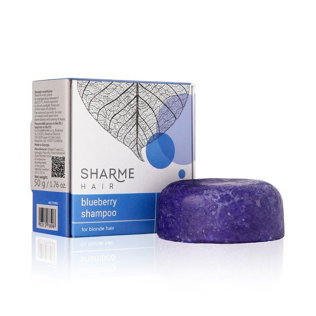 Sharme Hair Blueberry natūralus kietas šampūnas su mėlynių kvapu šviesiems plaukams, 50g