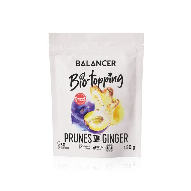 Skaidulų kompleksas BALANCER Bio-užpilas „Prunes & Ginger“, saldus, 150 g